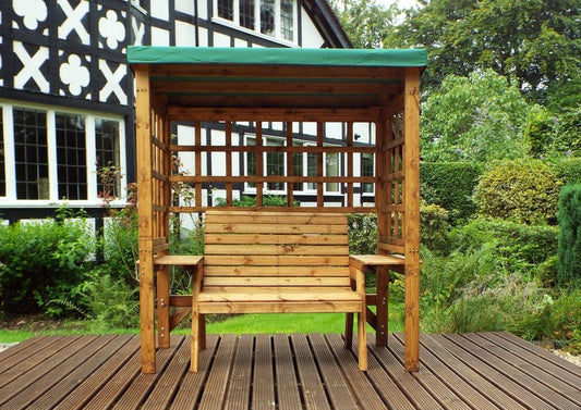 Wentworth Two Seat Arbour Green - Handcrafted, Waterproof Roof, Side Tables, Made in Britain, FSC Wood | Luxury Home Accessories | Heulog Glow
