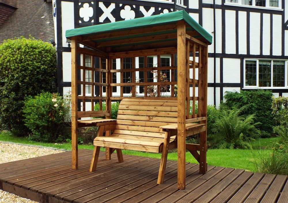 Wentworth Two Seat Arbour Green - Handcrafted, Waterproof Roof, Side Tables, Made in Britain, FSC Wood | Luxury Home Accessories | Heulog Glow
