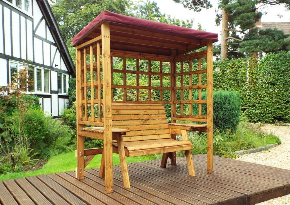 Wentworth Two Seat Arbour Green - Handcrafted, Waterproof Roof, Side Tables, Made in Britain, FSC Wood | Luxury Home Accessories | Heulog Glow