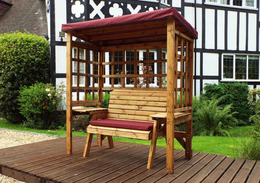 Wentworth Two Seat Arbour Green - Handcrafted, Waterproof Roof, Side Tables, Made in Britain, FSC Wood | Luxury Home Accessories | Heulog Glow