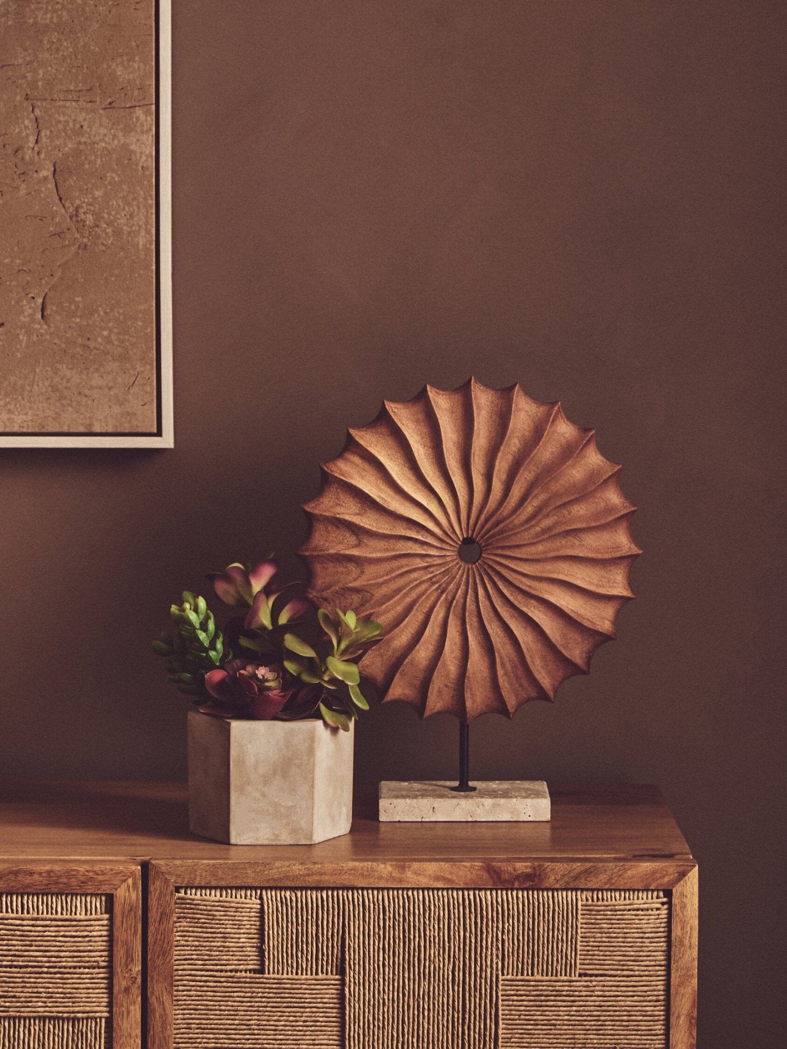 Westo Natural Wood Round Sculpture with Travertine Base | Luxury Home Accessories | Heulog Glow