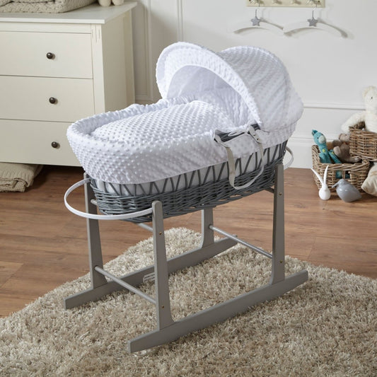 White Dimple Grey Wicker Baby Moses Basket With Stand | Luxury Home Accessories | Heulog Glow