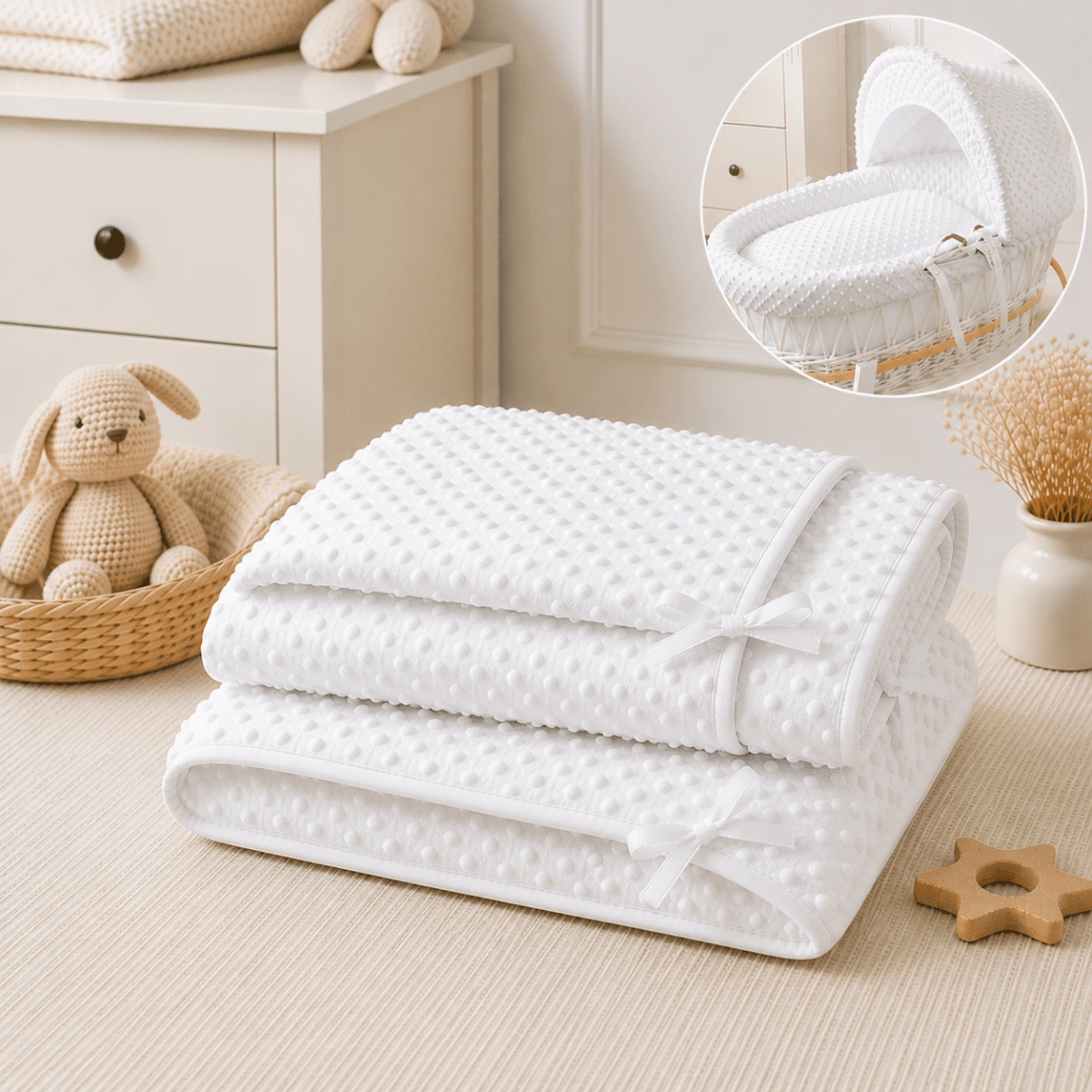 White Dimple Moses Basket Bedding Set (Basket Not Included!) | Luxury Home Accessories | Heulog Glow