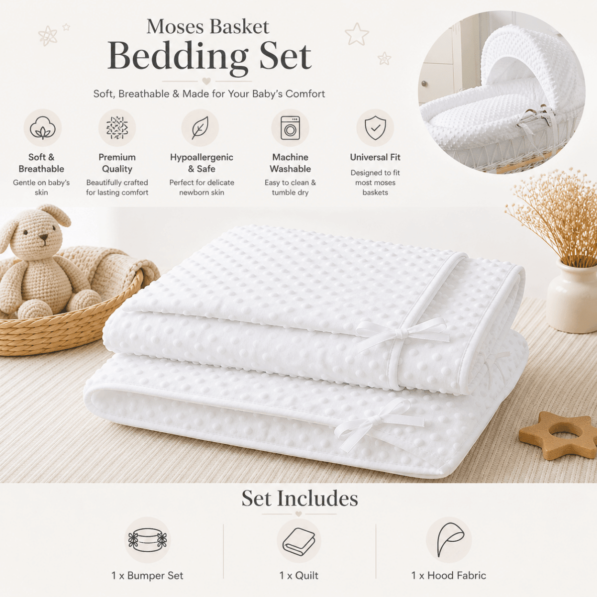 White Dimple Moses Basket Bedding Set (Basket Not Included!) | Luxury Home Accessories | Heulog Glow