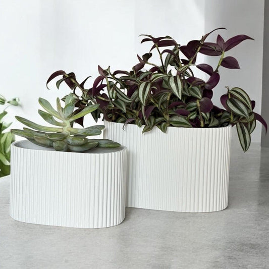 Flutini | White Fluted Oval Stone Resin Indoor Plant Pots (2 Pot Set)