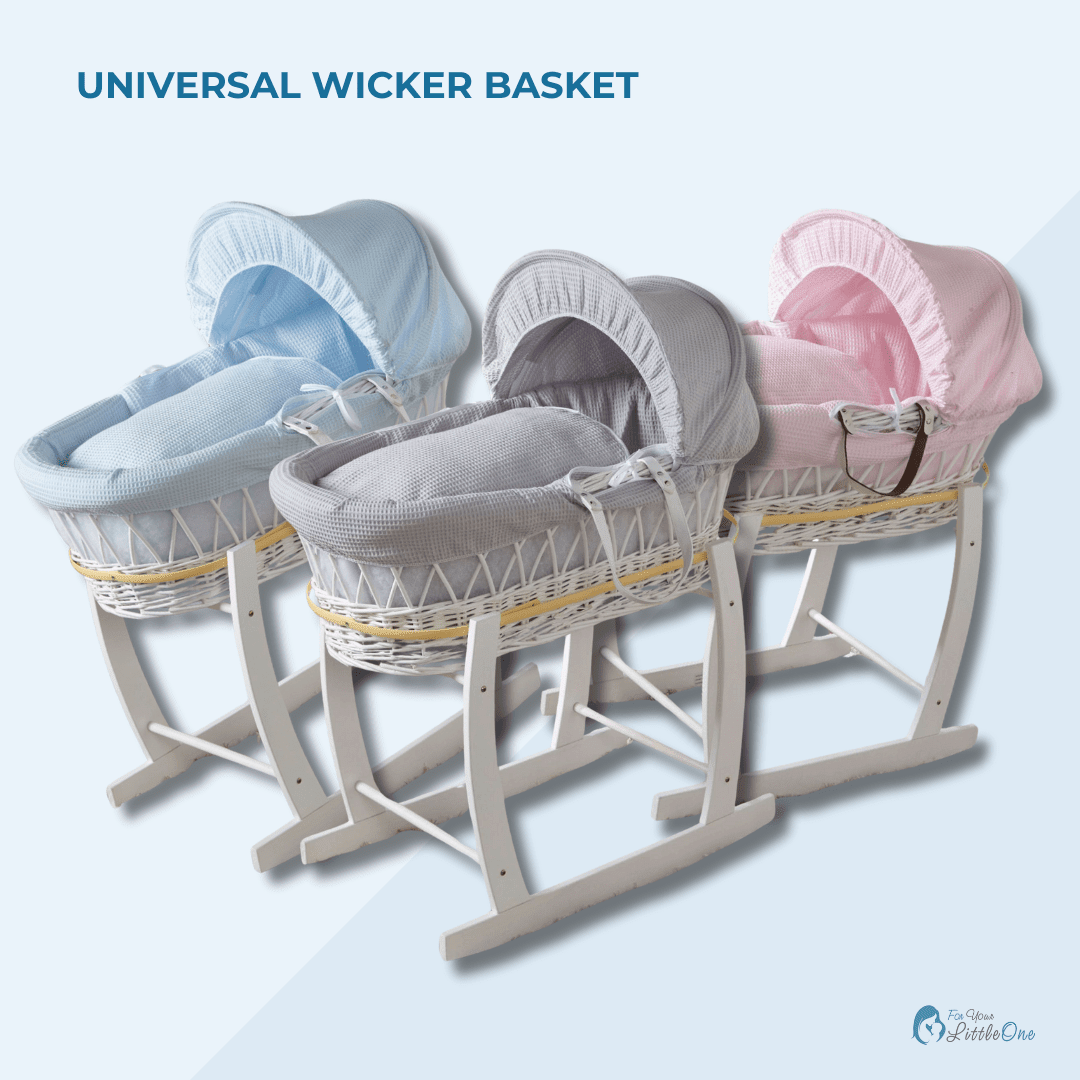 White Waffle Grey Wicker Baby Moses Basket With Stand | Luxury Home Accessories | Heulog Glow