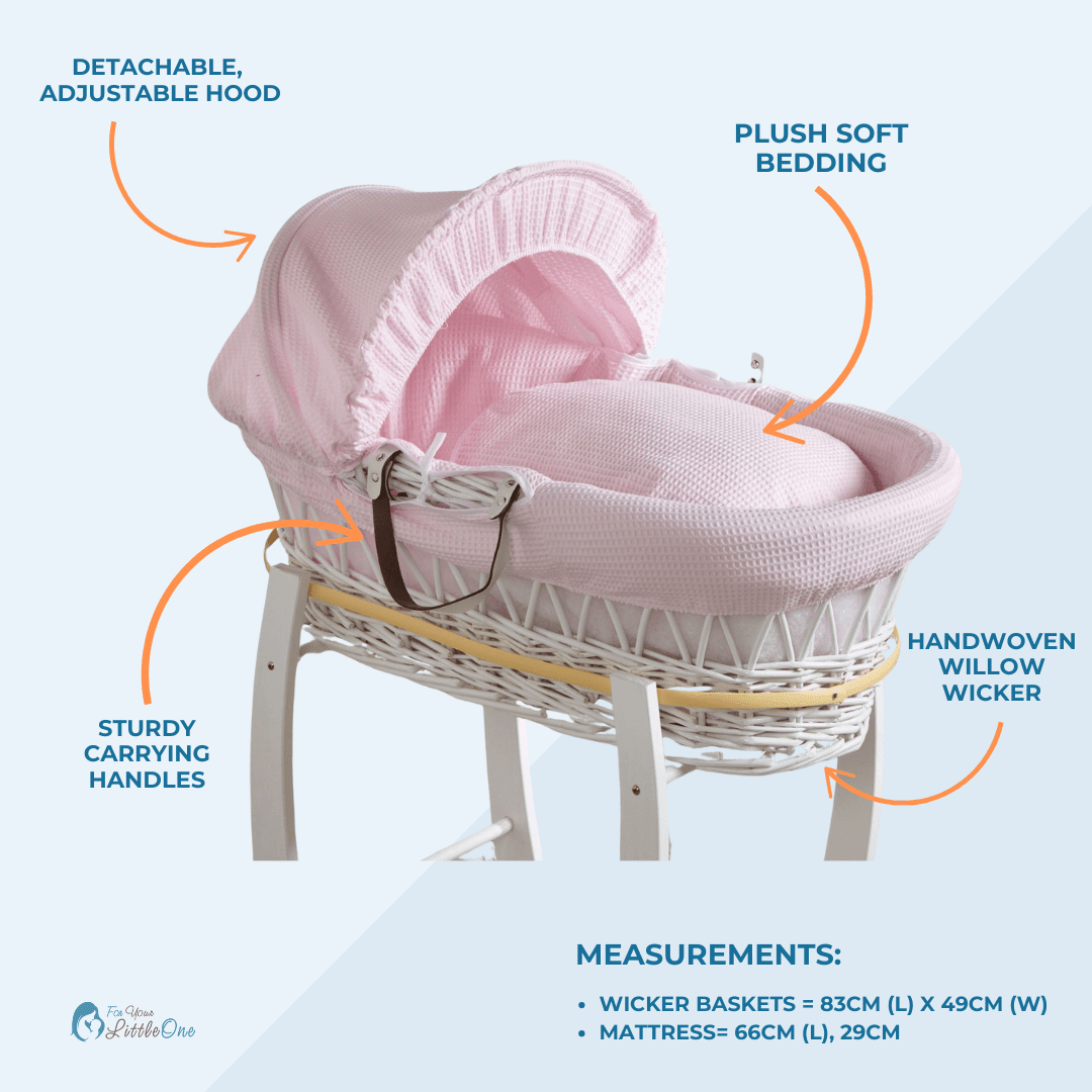 White Waffle Grey Wicker Baby Moses Basket With Stand | Luxury Home Accessories | Heulog Glow
