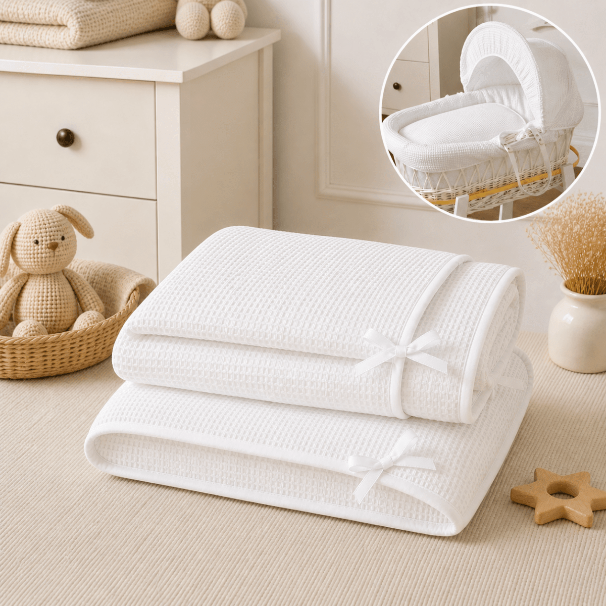 White Waffle Moses Basket Bedding Set (Basket Not Included!) | Luxury Home Accessories | Heulog Glow