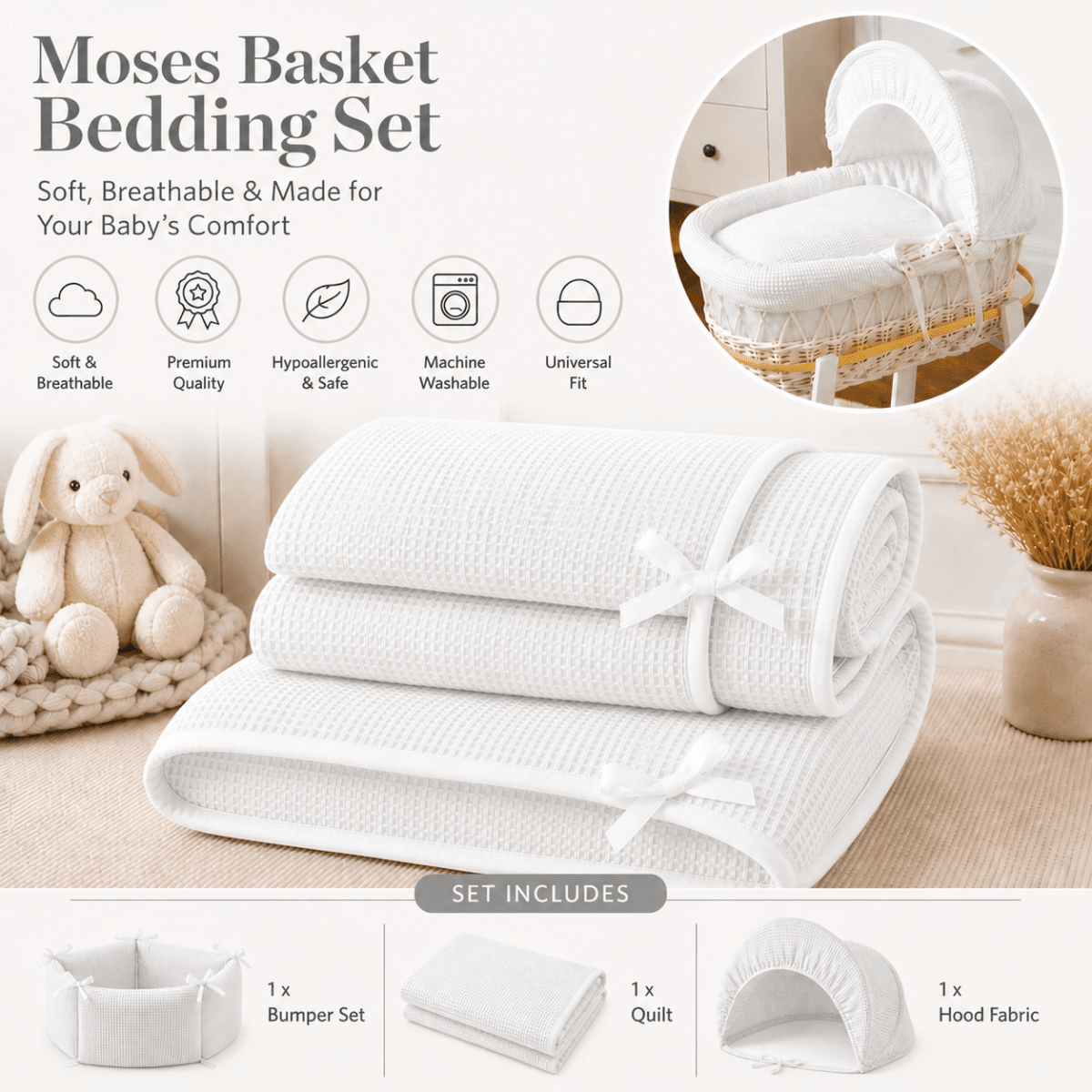 White Waffle Moses Basket Bedding Set (Basket Not Included!) | Luxury Home Accessories | Heulog Glow