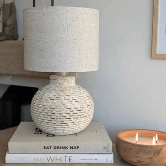 White Wash Small Bulbous Wicker Table Lamp | Luxury Home Accessories | Heulog Glow