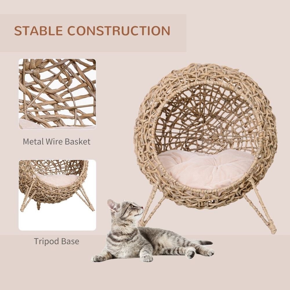 Wicker Cat House, Ball-Shaped Rattan Raised Cat Bed - Natural Wood Finish | Luxury Home Accessories | Heulog Glow