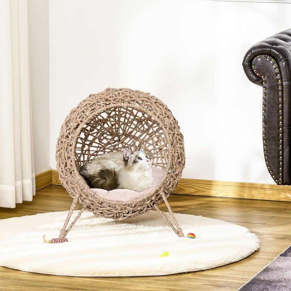 Wicker Cat House, Ball-Shaped Rattan Raised Cat Bed - Natural Wood Finish | Luxury Home Accessories | Heulog Glow