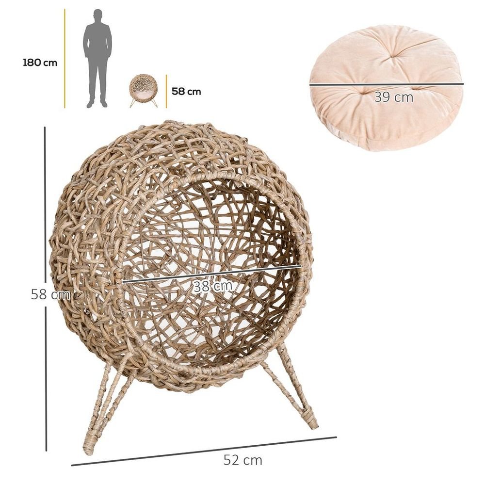 Wicker Cat House, Ball-Shaped Rattan Raised Cat Bed - Natural Wood Finish | Luxury Home Accessories | Heulog Glow