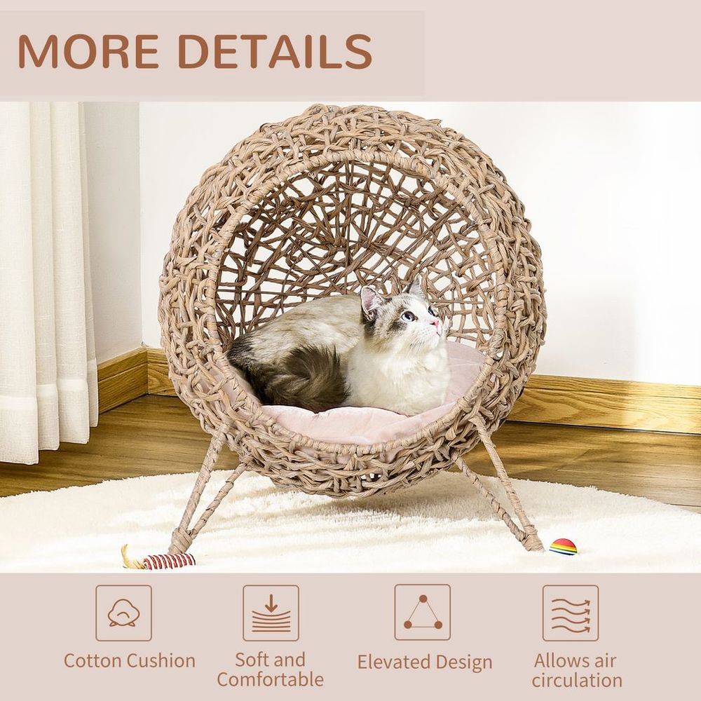 Wicker Cat House, Ball-Shaped Rattan Raised Cat Bed - Natural Wood Finish | Luxury Home Accessories | Heulog Glow