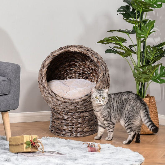Wicker Cat House, Raised Cat Bed - Brown, 42 x 33 x 52cm. Comfortable, Stable & Durable - Removable/Washable Cushion. Free Air Circulation. | Luxury Home Accessories | Heulog Glow