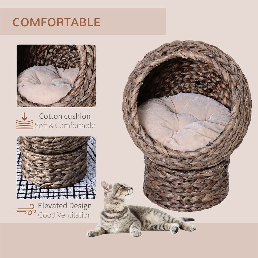Wicker Cat House, Raised Cat Bed - Brown, 42 x 33 x 52cm. Comfortable, Stable & Durable - Removable/Washable Cushion. Free Air Circulation. | Luxury Home Accessories | Heulog Glow