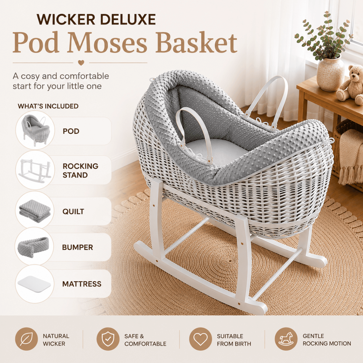 Wicker Deluxe Pod Baby Moses Basket With Stand | Luxury Home Accessories | Heulog Glow