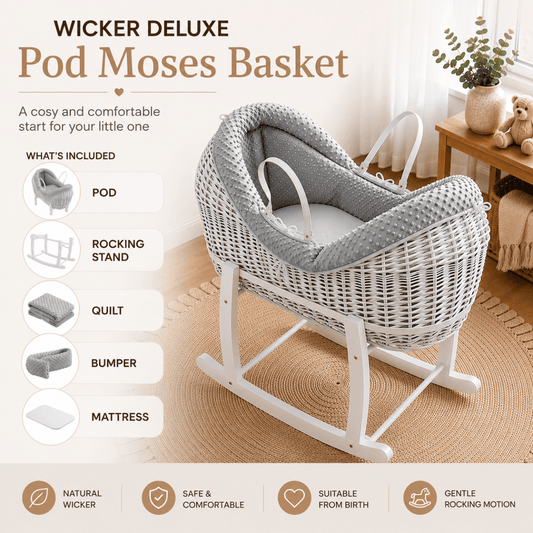 Wicker Deluxe Pod Baby Moses Basket With Stand | Luxury Home Accessories | Heulog Glow