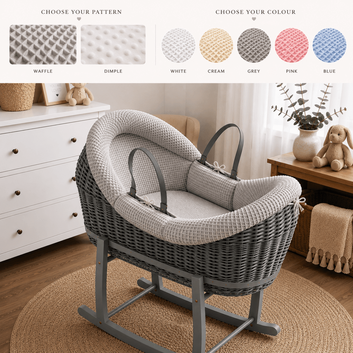 Wicker Deluxe Pod Baby Moses Basket With Stand | Luxury Home Accessories | Heulog Glow