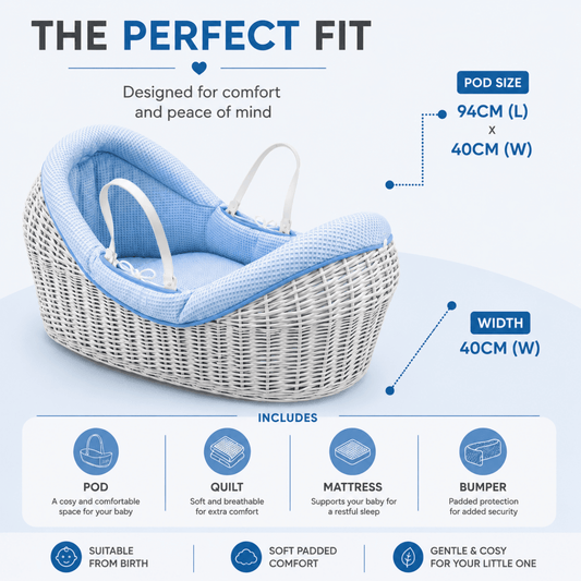Wicker Pod Baby Deluxe Moses Basket-No stand included | Luxury Home Accessories | Heulog Glow
