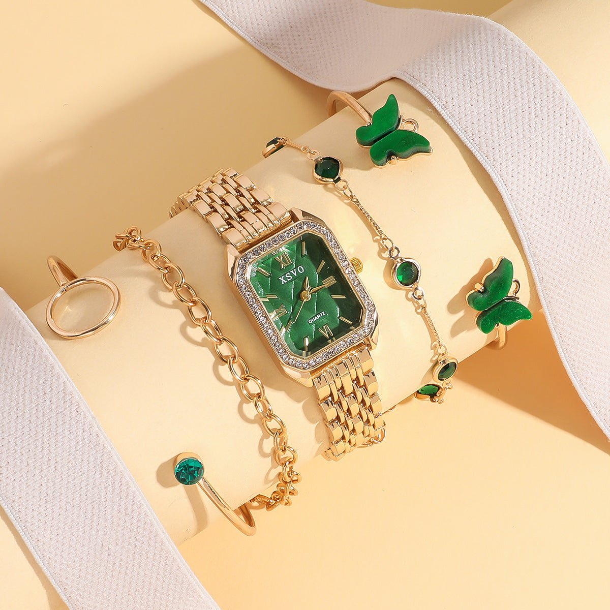 Wild Emerald Square Steel Watch Butterfly Bracelet 5pcsset Gift Set | Luxury Home Accessories | Heulog Glow