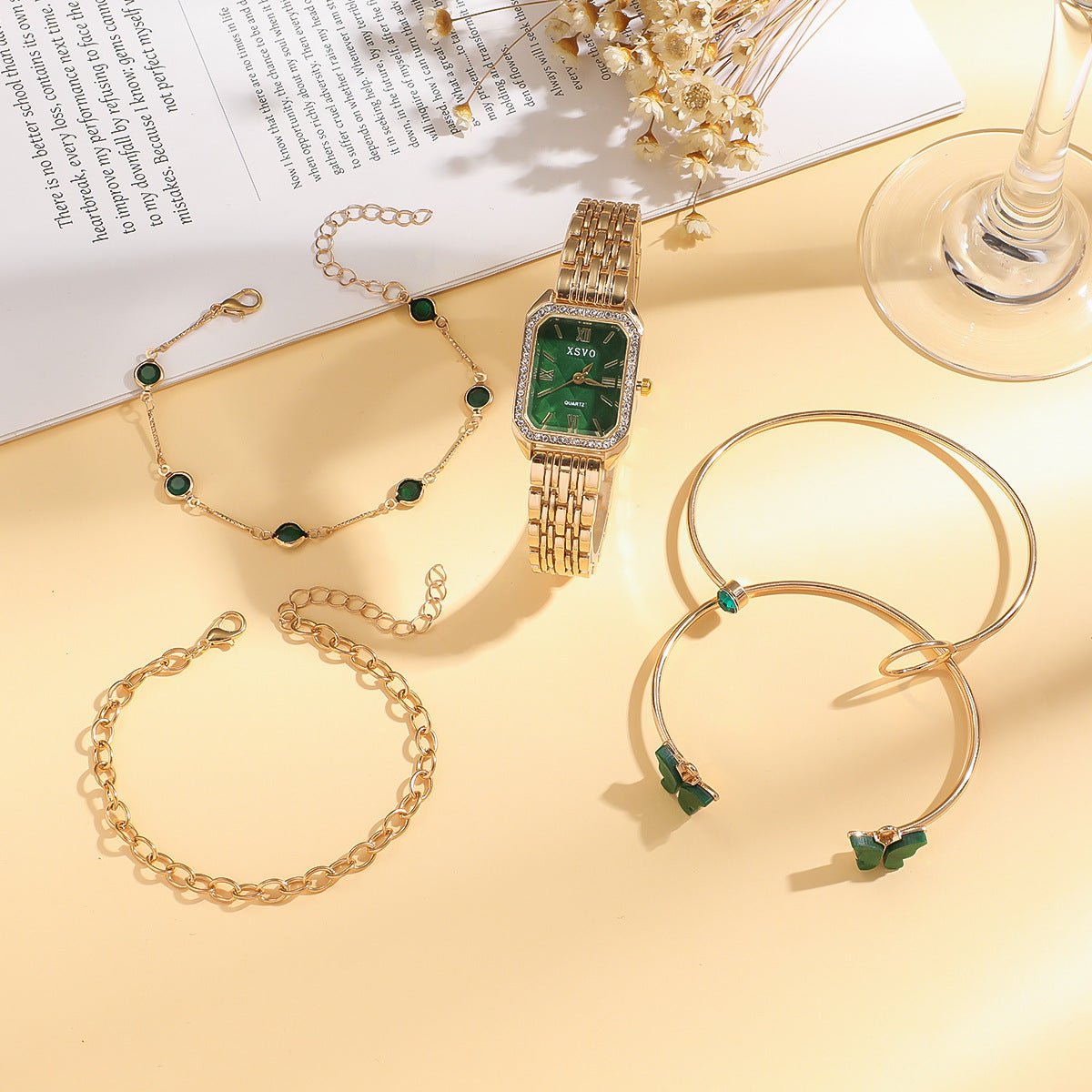 Wild Emerald Square Steel Watch Butterfly Bracelet 5pcsset Gift Set | Luxury Home Accessories | Heulog Glow