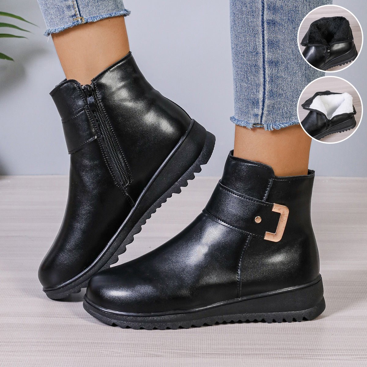 Winter Fleece Boots With Side Zipper Design Fashion Simple Non-slip Ankle Boots For Women Warm Pu Leather Shoes | Luxury Home Accessories | Heulog Glow