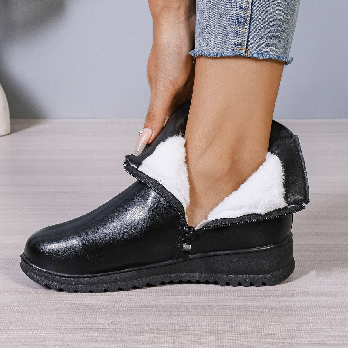 Winter Fleece Boots With Side Zipper Design Fashion Simple Non-slip Ankle Boots For Women Warm Pu Leather Shoes | Luxury Home Accessories | Heulog Glow