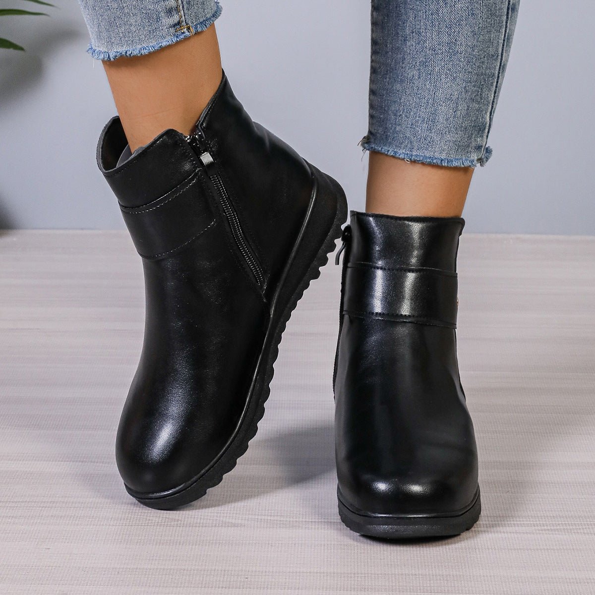 Winter Fleece Boots With Side Zipper Design Fashion Simple Non-slip Ankle Boots For Women Warm Pu Leather Shoes | Luxury Home Accessories | Heulog Glow
