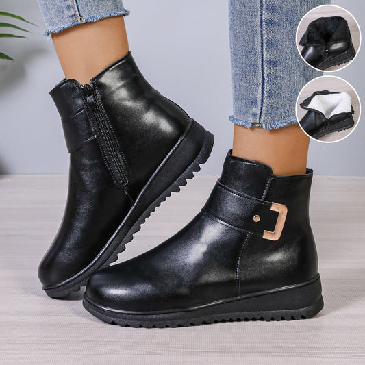 Winter Fleece Boots With Side Zipper Design Fashion Simple Non-slip Ankle Boots For Women Warm Pu Leather Shoes | Luxury Home Accessories | Heulog Glow