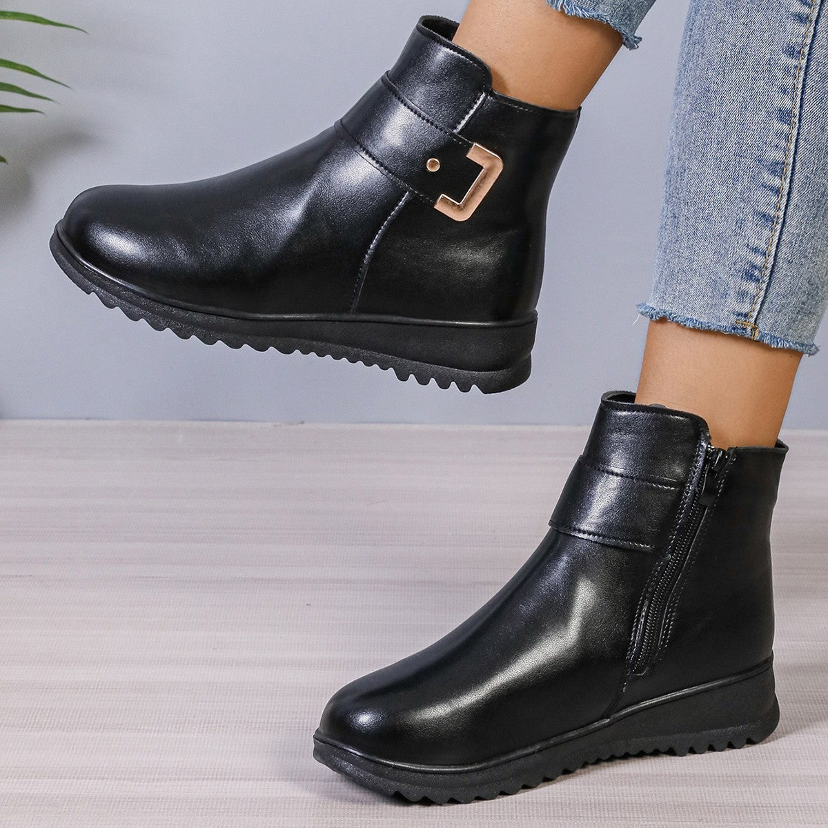 Winter Fleece Boots With Side Zipper Design Fashion Simple Non-slip Ankle Boots For Women Warm Pu Leather Shoes | Luxury Home Accessories | Heulog Glow