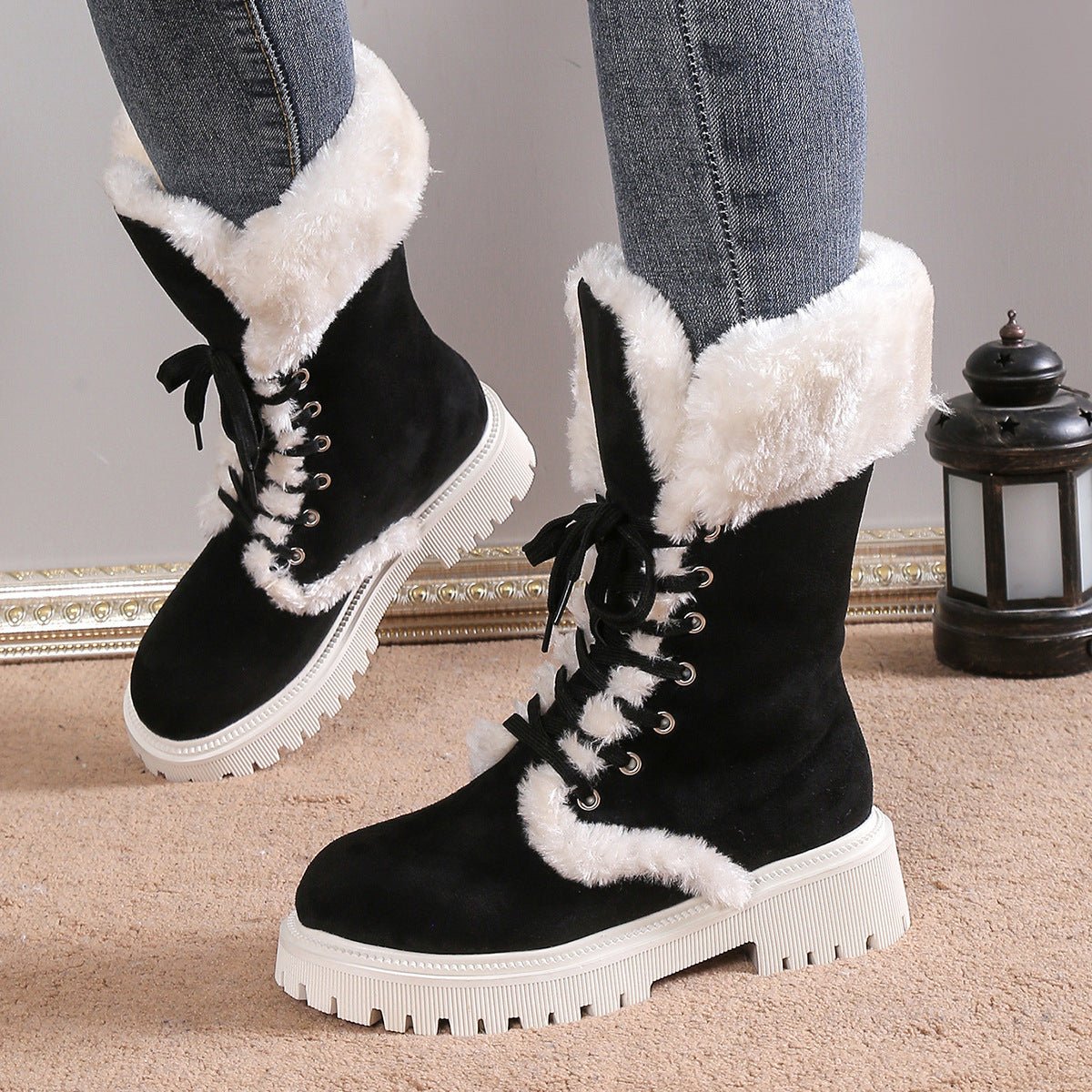 Winter Lace-up Snow Boots For Women Mid-tube Fleece Shoes Warm Chunky Heels Plush Boot | Luxury Home Accessories | Heulog Glow