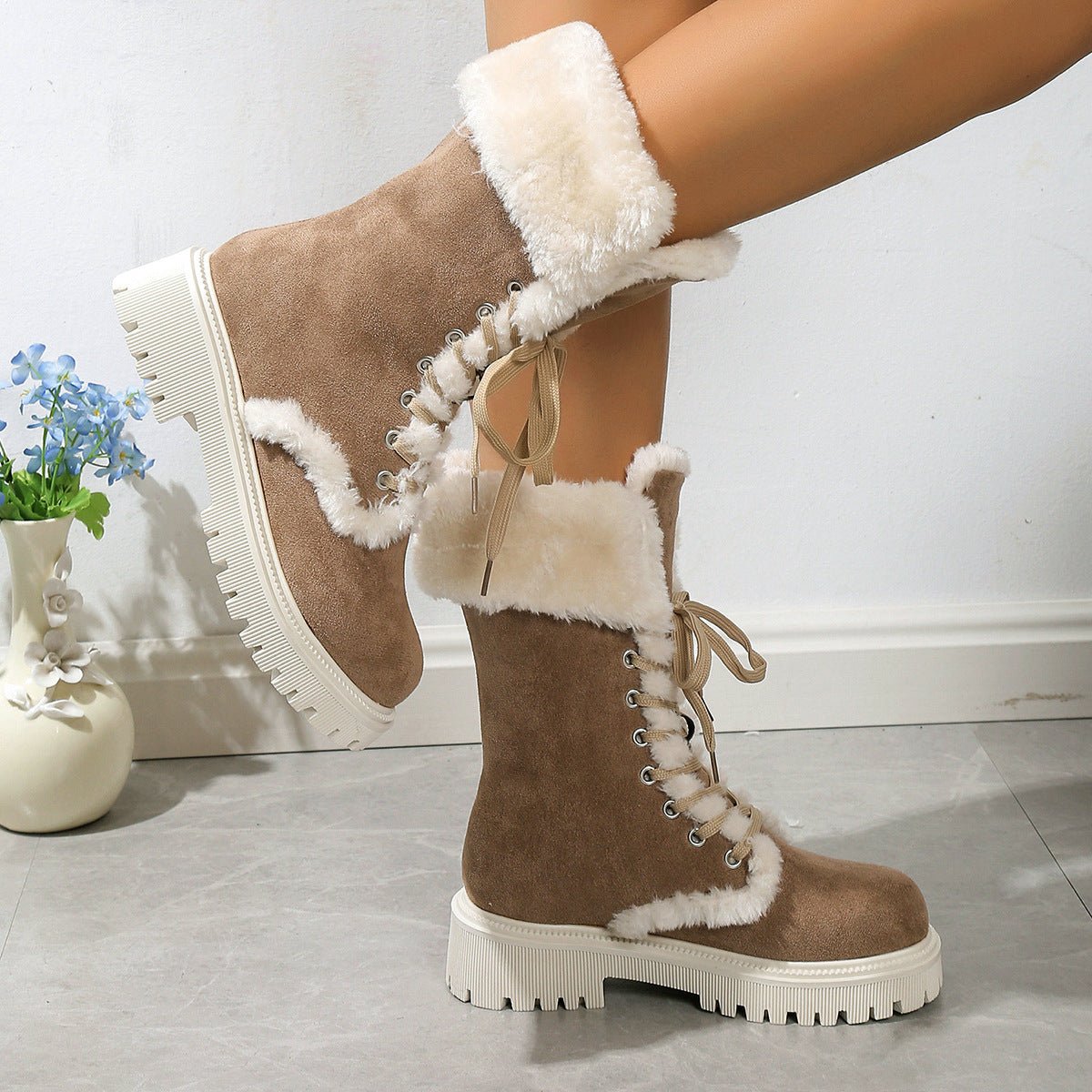 Winter Lace-up Snow Boots For Women Mid-tube Fleece Shoes Warm Chunky Heels Plush Boot | Luxury Home Accessories | Heulog Glow
