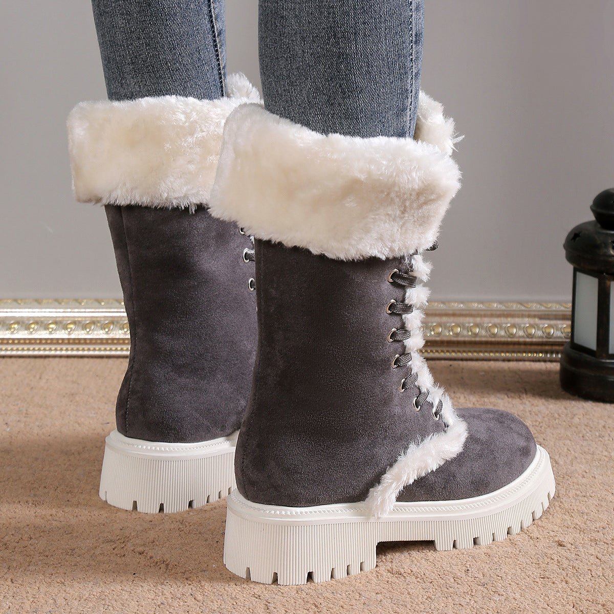 Winter Lace-up Snow Boots For Women Mid-tube Fleece Shoes Warm Chunky Heels Plush Boot | Luxury Home Accessories | Heulog Glow
