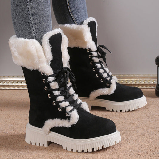 Winter Lace-up Snow Boots For Women Mid-tube Fleece Shoes Warm Chunky Heels Plush Boot | Luxury Home Accessories | Heulog Glow