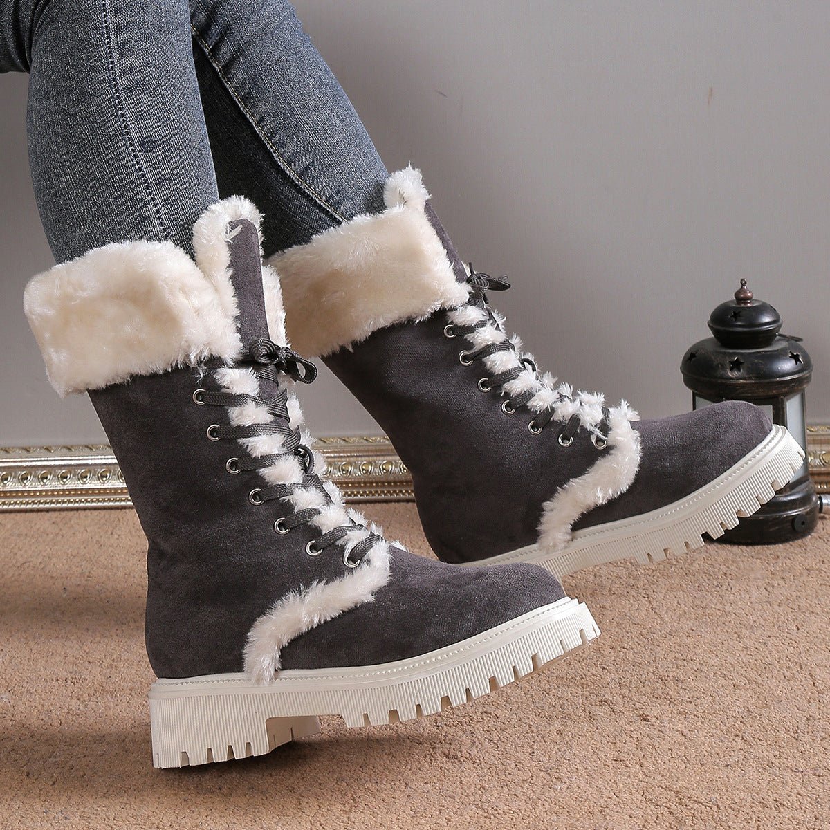Winter Lace-up Snow Boots For Women Mid-tube Fleece Shoes Warm Chunky Heels Plush Boot | Luxury Home Accessories | Heulog Glow