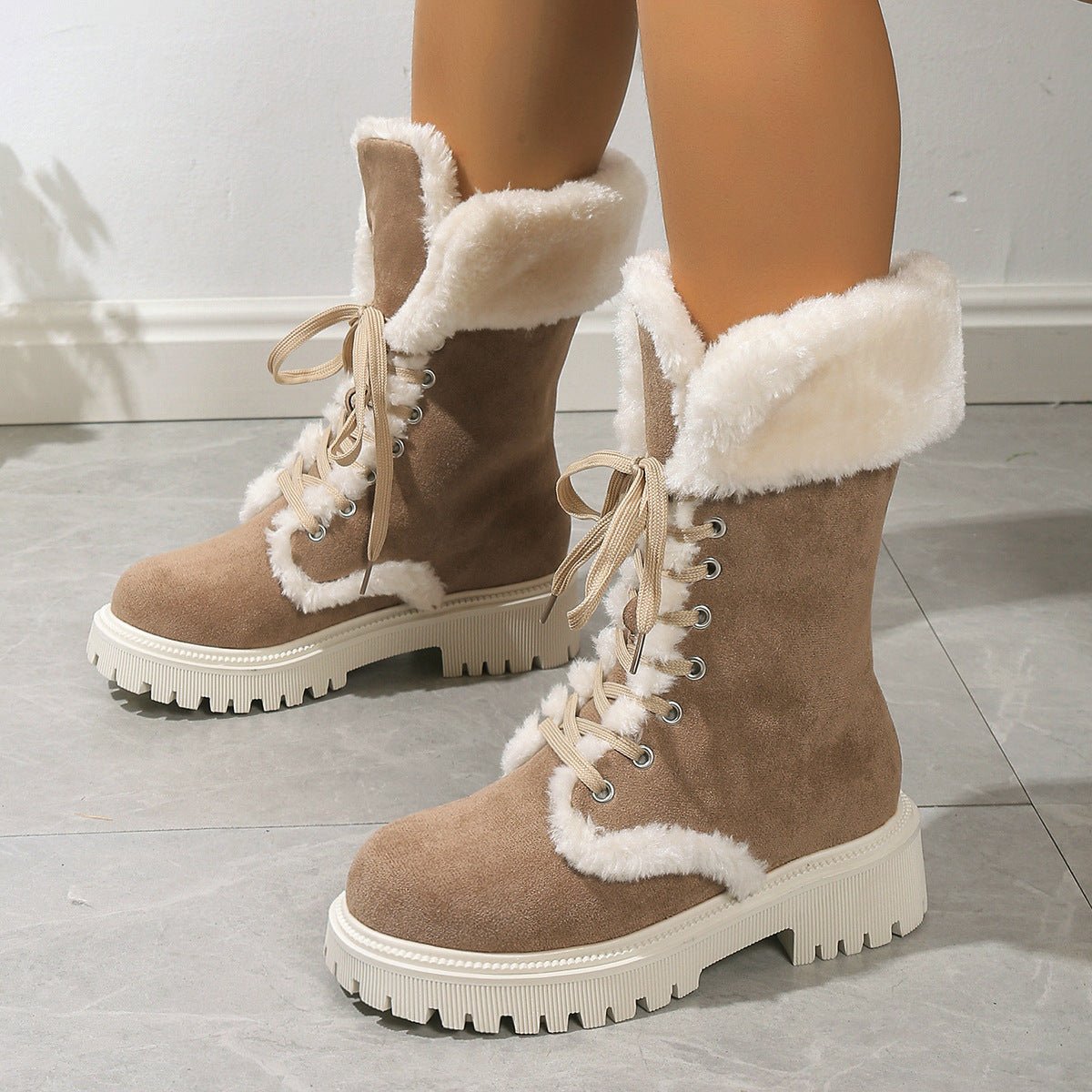 Winter Lace-up Snow Boots For Women Mid-tube Fleece Shoes Warm Chunky Heels Plush Boot | Luxury Home Accessories | Heulog Glow