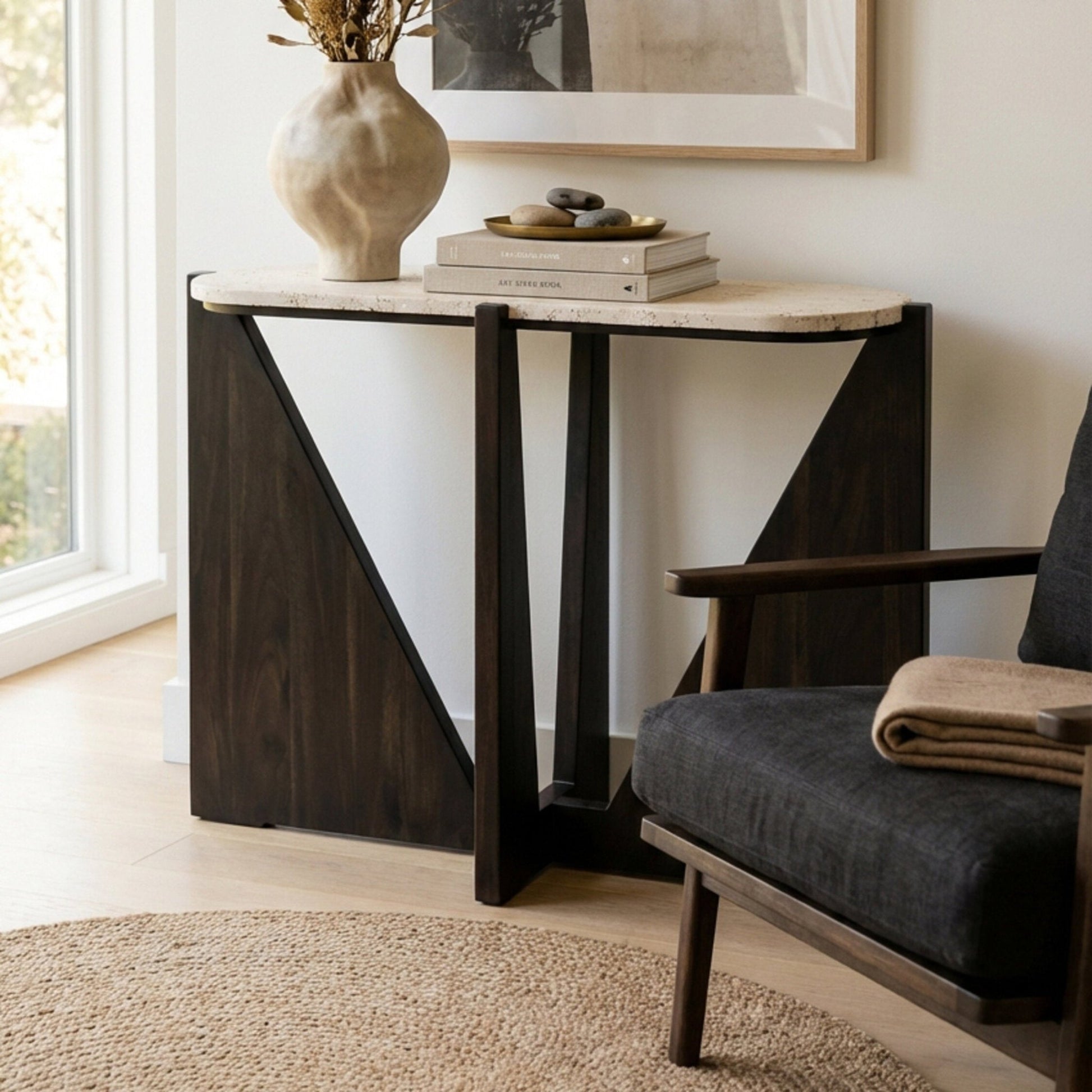 Winton Travertine Top Console Table With Black Acacia Wood Frame | Luxury Home Accessories | Heulog Glow