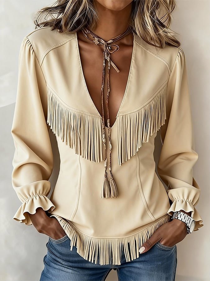 Women's Casual V-Neck Knitted Solid-Color Tassel Jacket | Luxury Home Accessories | Heulog Glow