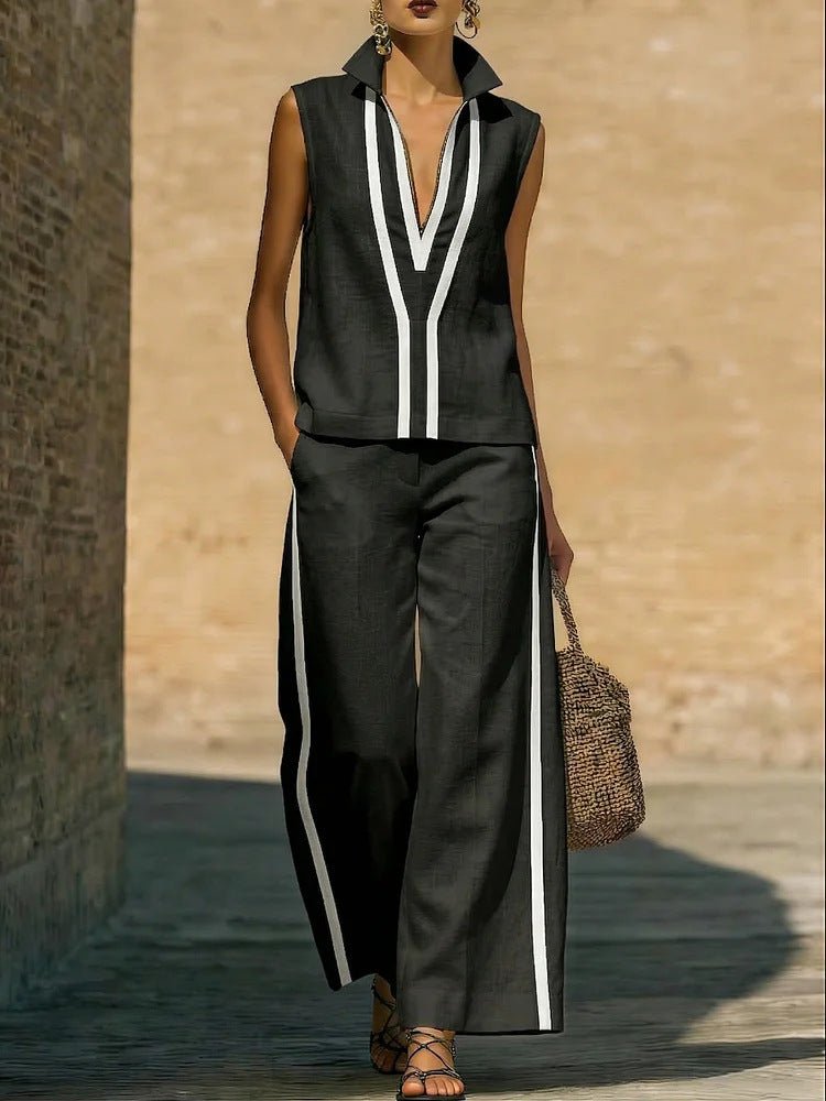 Womens Contrasting-Color Sleeveless Single-Breasted Vest And Drawstring Pants Set | Luxury Home Accessories | Heulog Glow