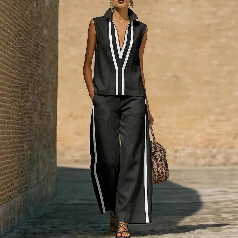 Womens Contrasting-Color Sleeveless Single-Breasted Vest And Drawstring Pants Set | Luxury Home Accessories | Heulog Glow