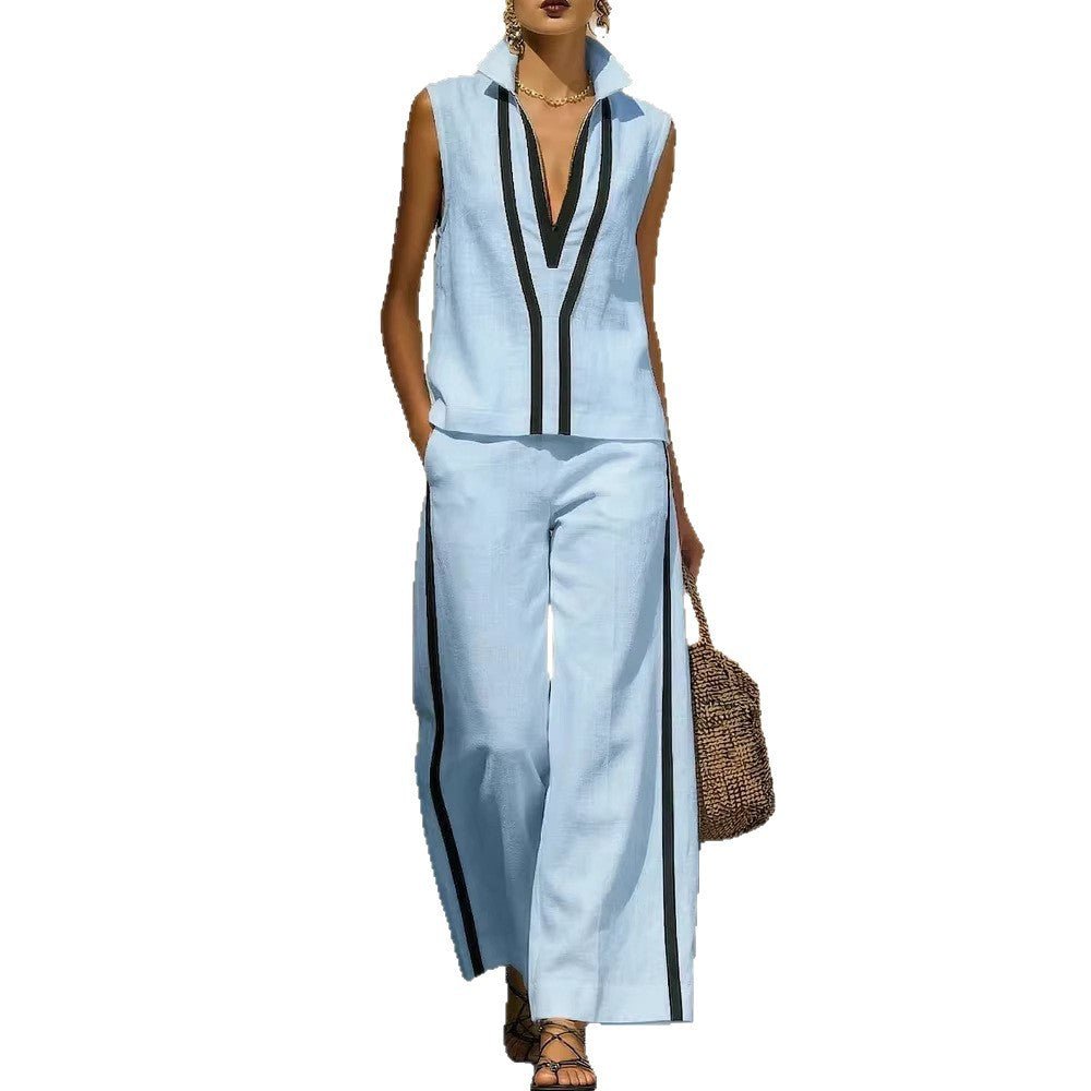 Womens Contrasting-Color Sleeveless Single-Breasted Vest And Drawstring Pants Set | Luxury Home Accessories | Heulog Glow