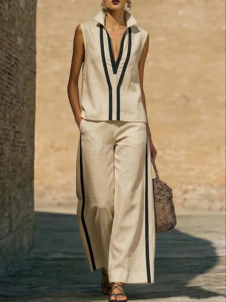 Womens Contrasting-Color Sleeveless Single-Breasted Vest And Drawstring Pants Set | Luxury Home Accessories | Heulog Glow
