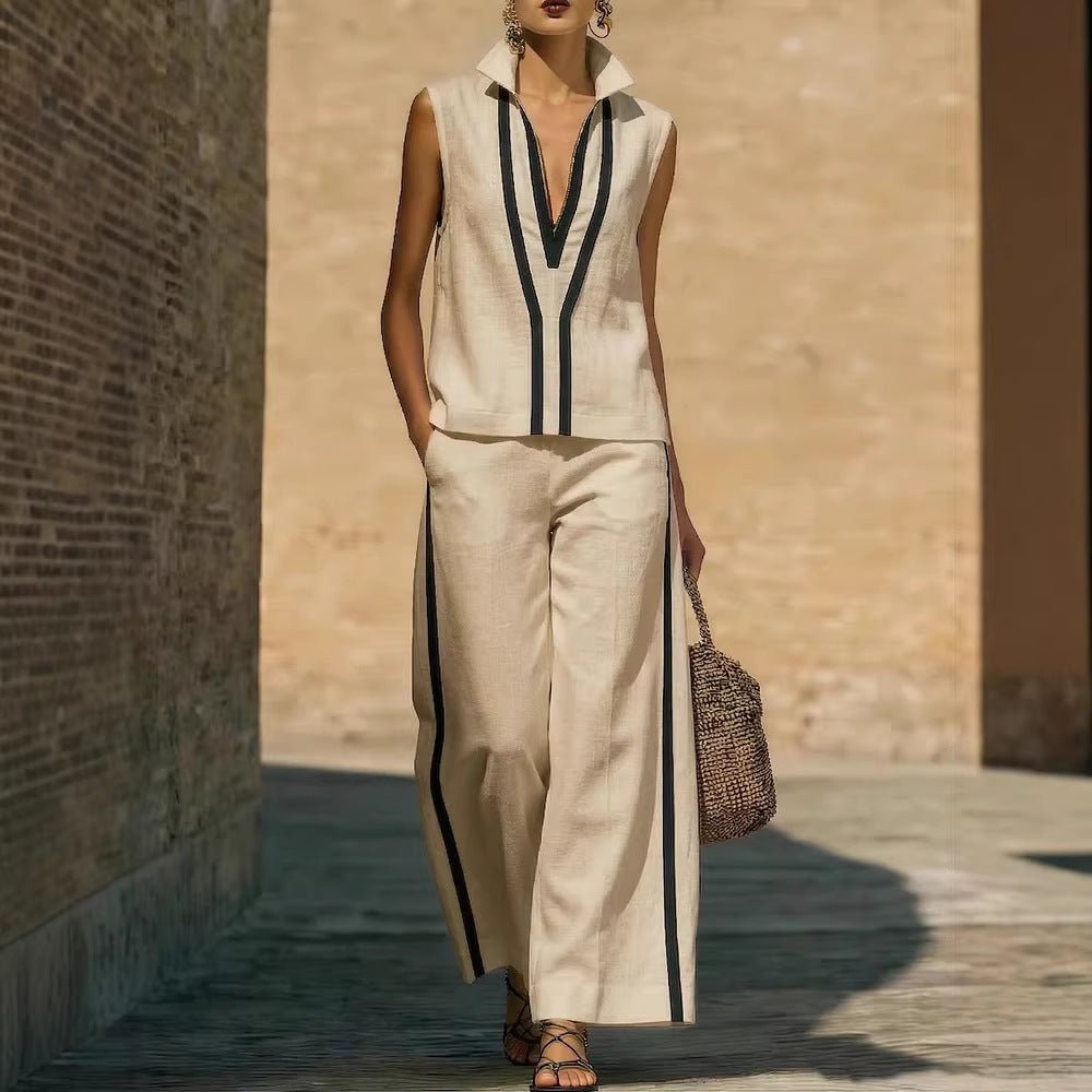 Womens Contrasting-Color Sleeveless Single-Breasted Vest And Drawstring Pants Set | Luxury Home Accessories | Heulog Glow