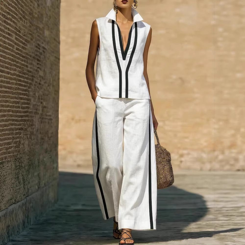 Womens Contrasting-Color Sleeveless Single-Breasted Vest And Drawstring Pants Set | Luxury Home Accessories | Heulog Glow