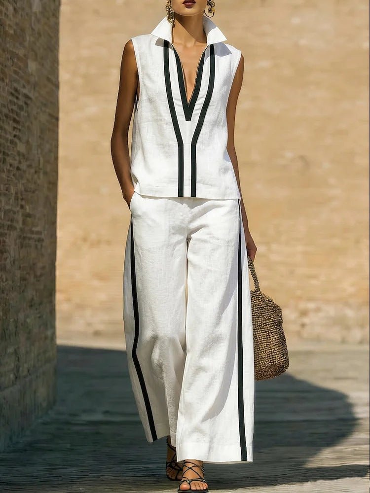Womens Contrasting-Color Sleeveless Single-Breasted Vest And Drawstring Pants Set | Luxury Home Accessories | Heulog Glow