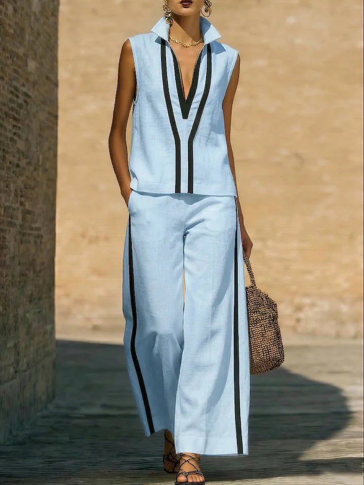 Womens Contrasting-Color Sleeveless Single-Breasted Vest And Drawstring Pants Set | Luxury Home Accessories | Heulog Glow