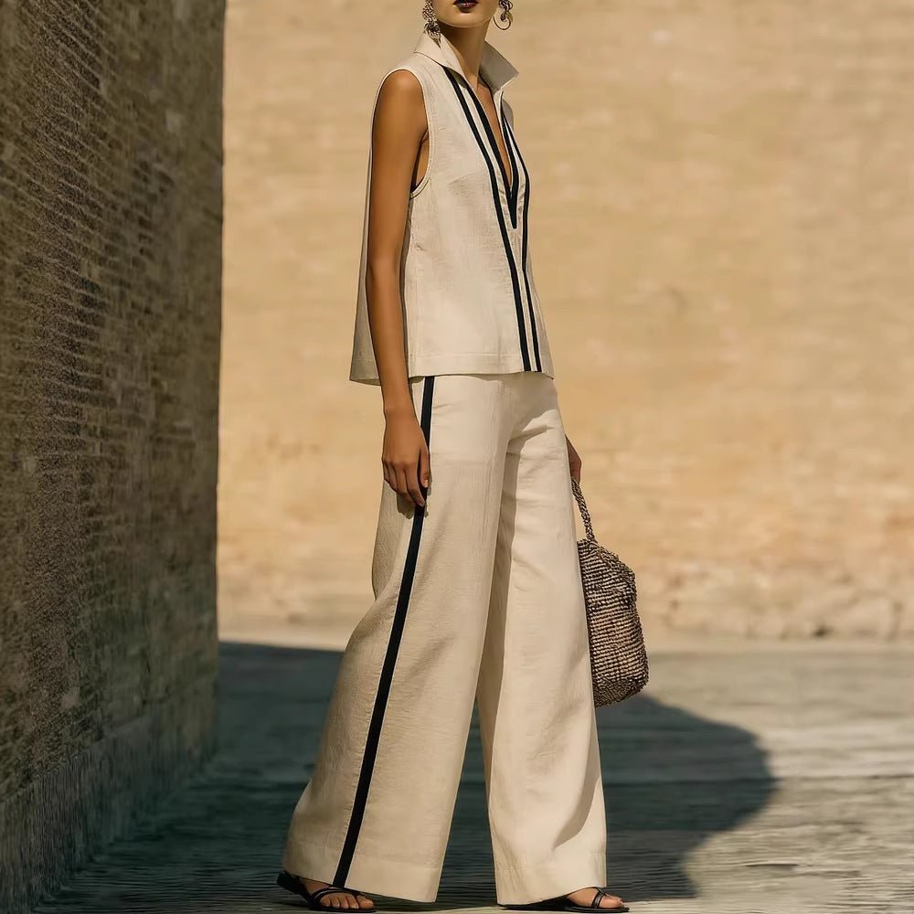 Womens Contrasting-Color Sleeveless Single-Breasted Vest And Drawstring Pants Set | Luxury Home Accessories | Heulog Glow