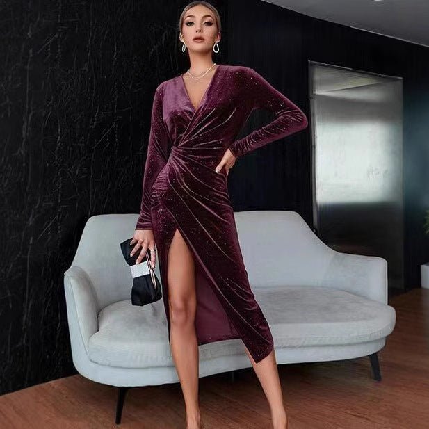 Women's Elegant V-neck Asymmetric Skirt Dress Long Sleeve Gold Velvet Evening Dresses For Christmas New Year Valentine's Day Dating | Luxury Home Accessories | Heulog Glow