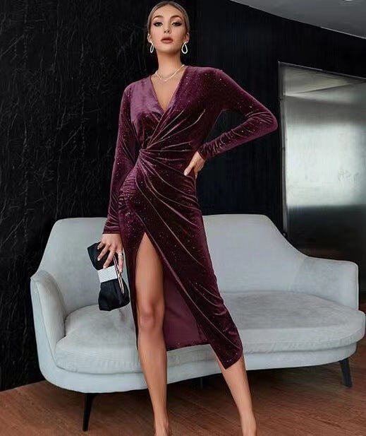 Women's Elegant V-neck Asymmetric Skirt Dress Long Sleeve Gold Velvet Evening Dresses For Christmas New Year Valentine's Day Dating | Luxury Home Accessories | Heulog Glow